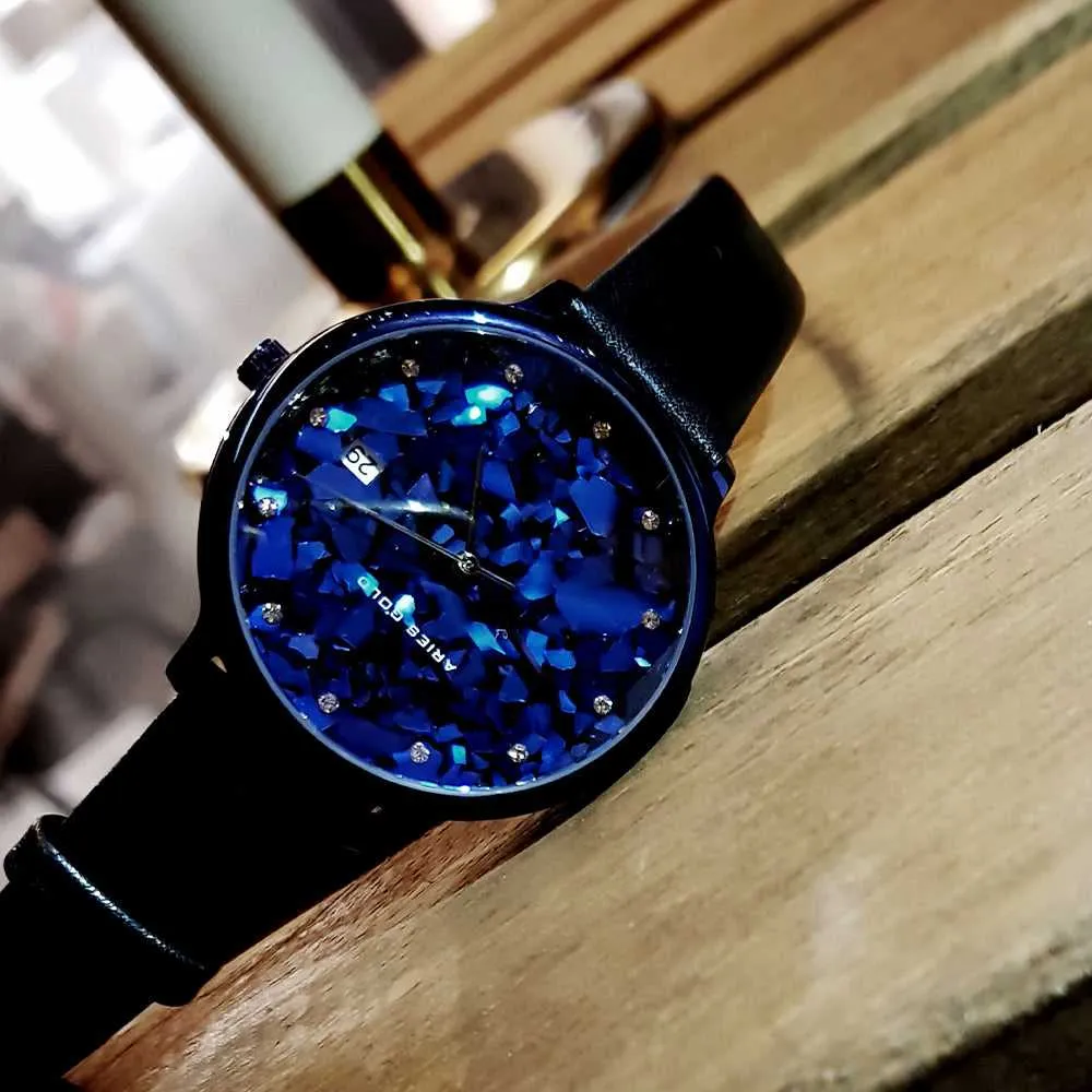 ARIES GOLD ENCHANT FLEUR BLUE L 5035 PUR-TL LEATHER STRAP WOMEN'S WATCH