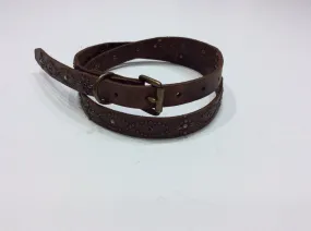 Belts-Medium Width Distressed Brown Leather Belt with Black and Clear Crystals and Rubbed Bronze Embellishments