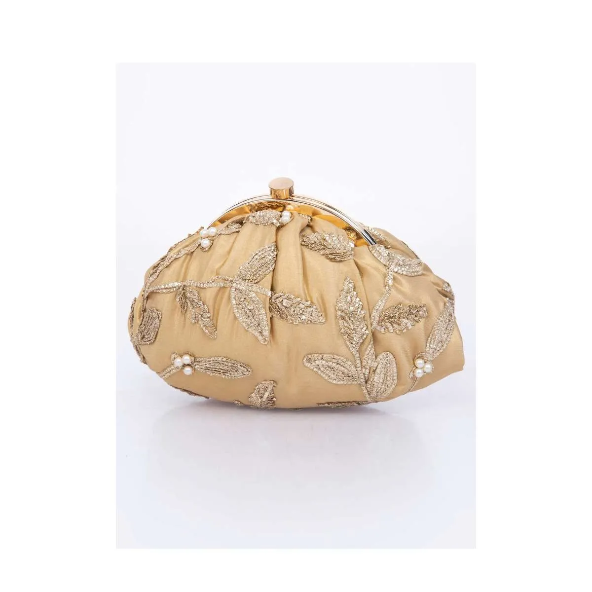 Golden clasp closure fabric clutch embellished in lace and pearl only on Kalki