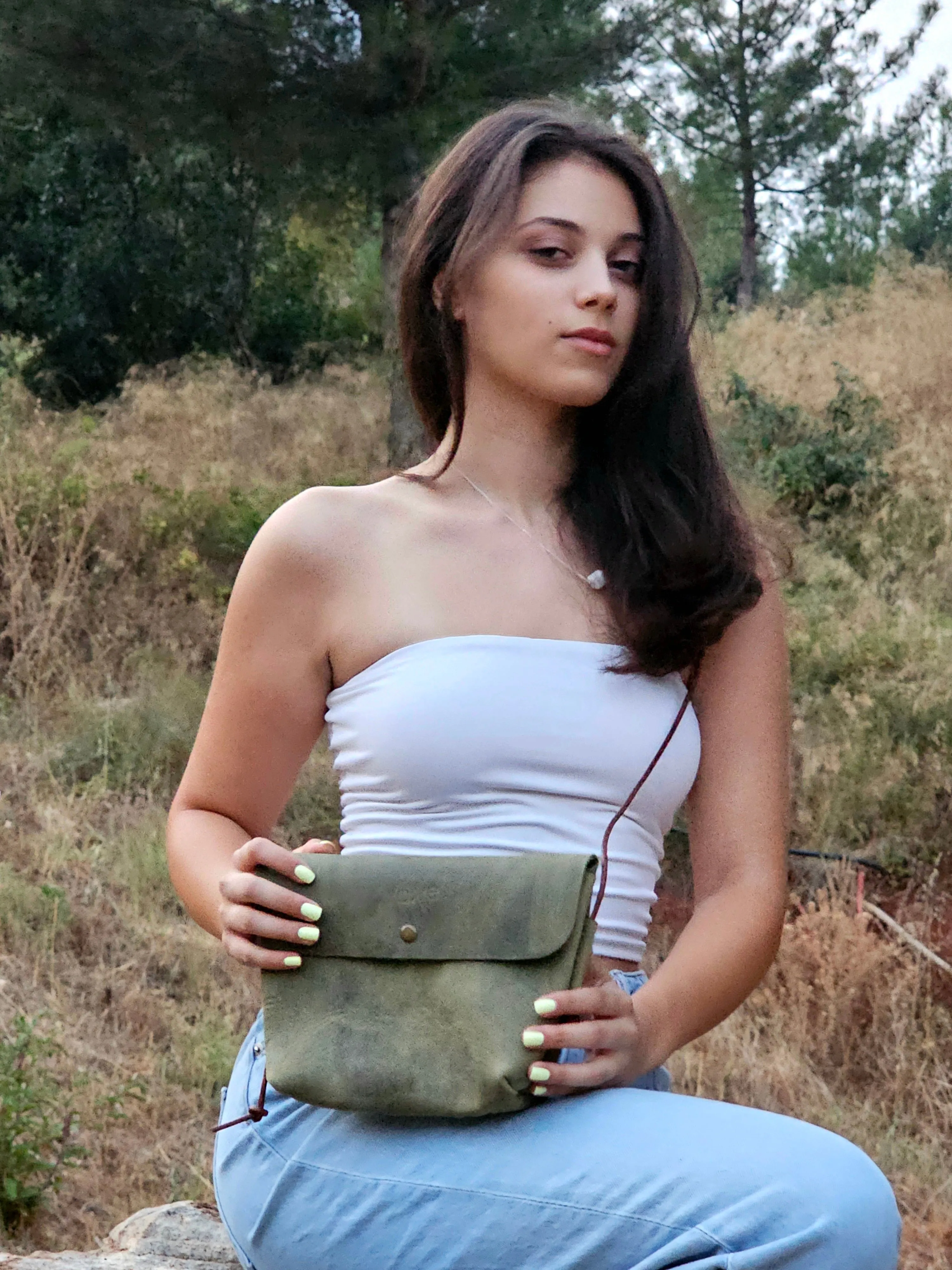 Green crossbody women's bag from oil tanned leather