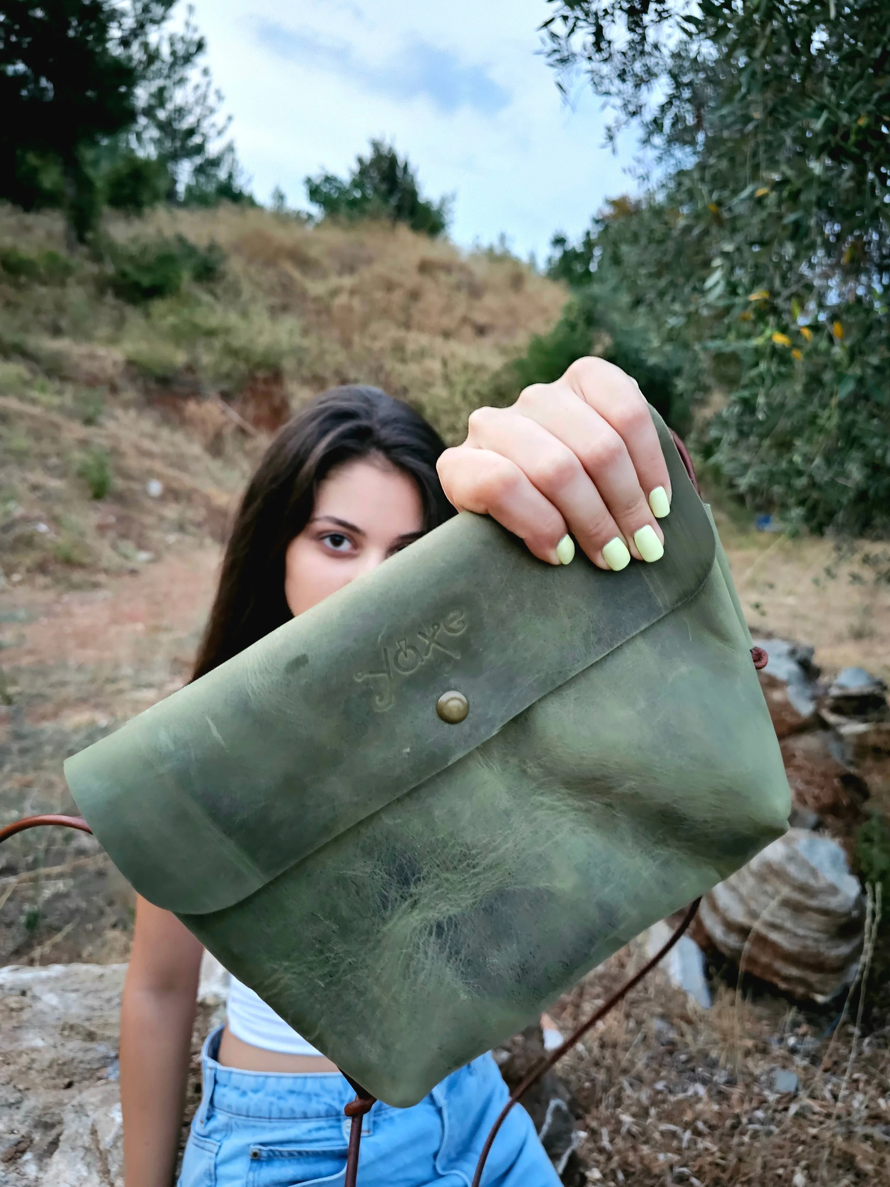 Green crossbody women's bag from oil tanned leather