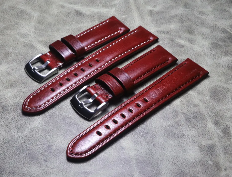 Handmade Polished Burgundy 20mm 22mm Gt2 Genuine Leather Strap Cowhide Strap Customization Thickened Bracelet