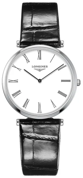 Longines La Grande Classique Stainless Steel White Dial Black Leather Strap Quartz Womens Watch L4.709.4.21.2