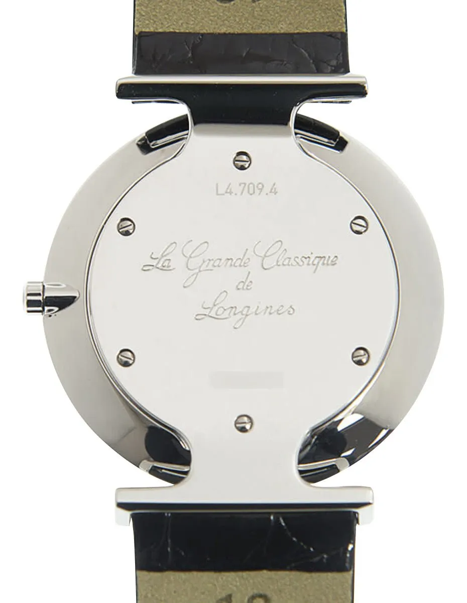 Longines La Grande Classique Stainless Steel White Dial Black Leather Strap Quartz Womens Watch L4.709.4.21.2