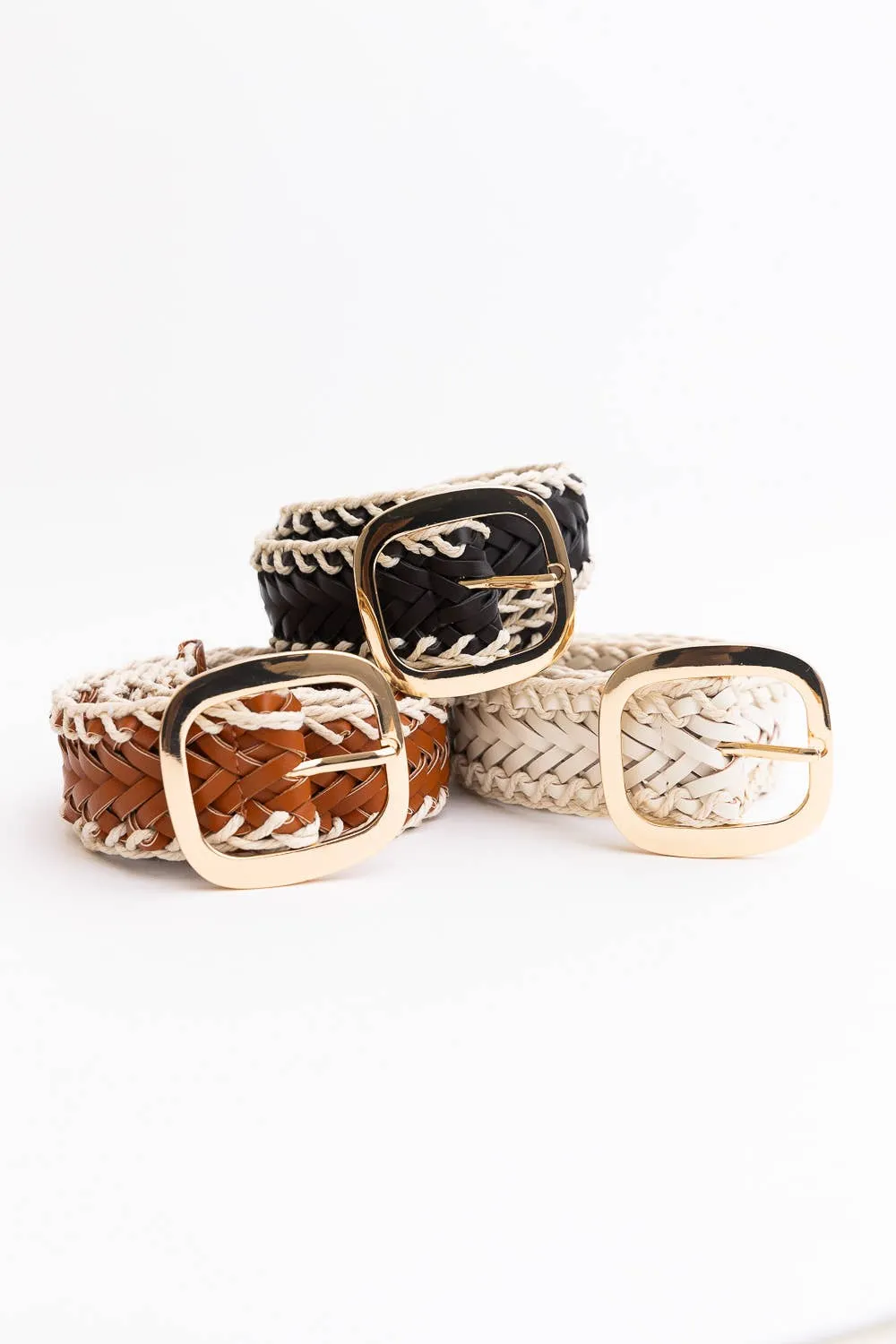 Off White Crochet Trimmed Woven Leather Belt with Gold Buckle