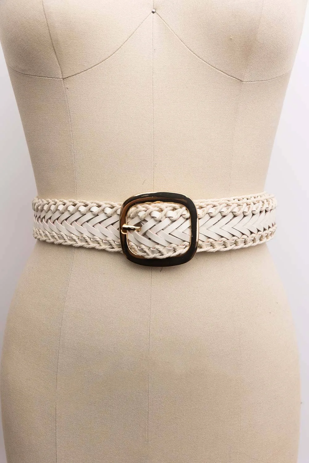 Off White Crochet Trimmed Woven Leather Belt with Gold Buckle