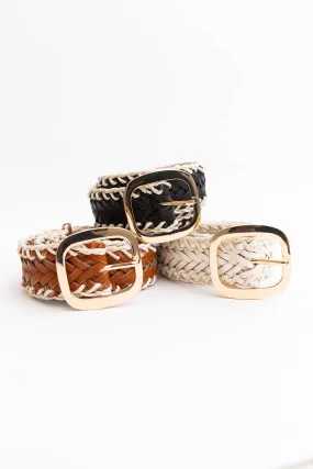 Off White Crochet Trimmed Woven Leather Belt with Gold Buckle