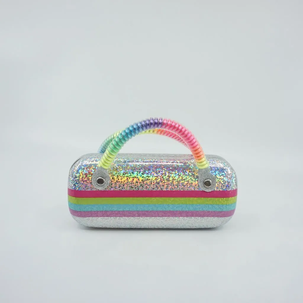 Silver Stripped Rainbow Mul ti Color Case with an Multi Color Round Rainbow Retro Sunglass - Sunglasses and Case Set