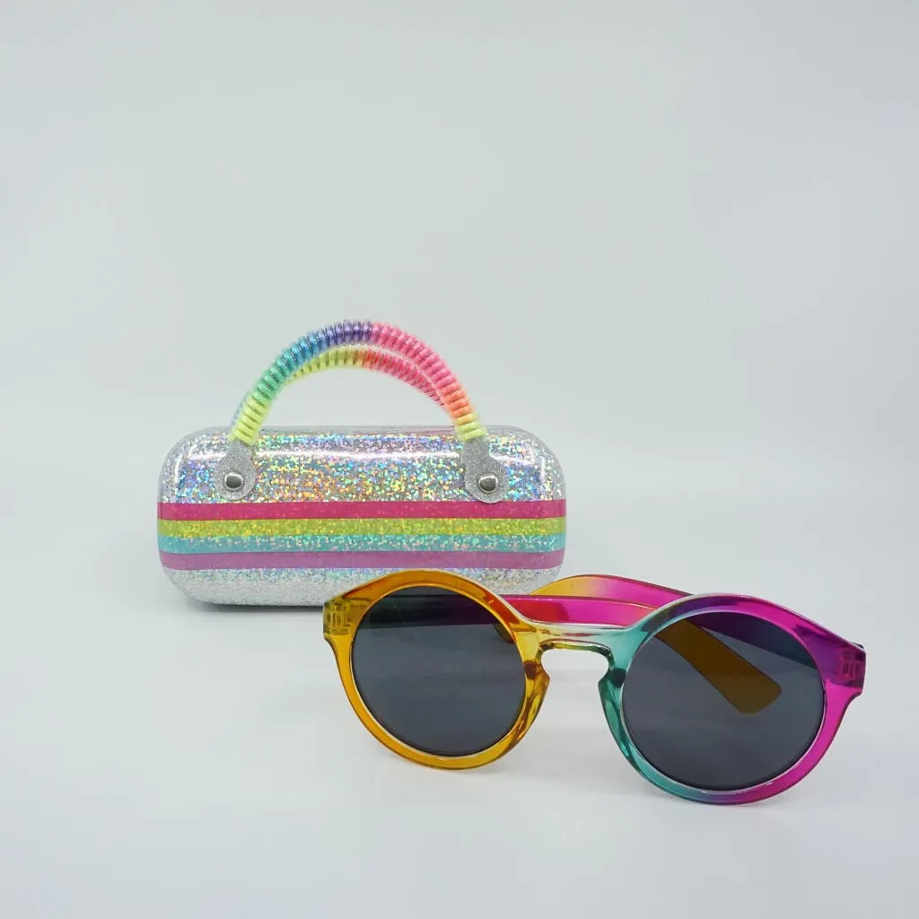Silver Stripped Rainbow Mul ti Color Case with an Multi Color Round Rainbow Retro Sunglass - Sunglasses and Case Set
