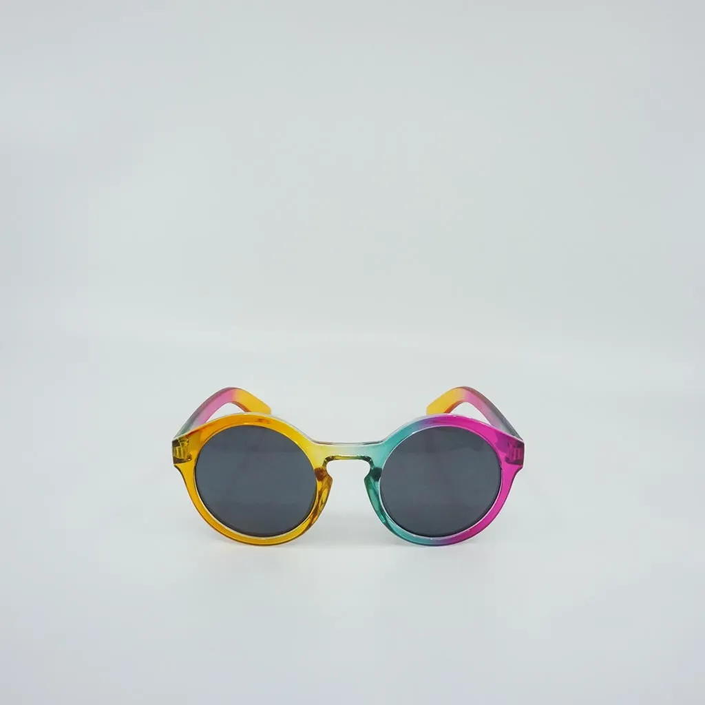 Silver Stripped Rainbow Mul ti Color Case with an Multi Color Round Rainbow Retro Sunglass - Sunglasses and Case Set