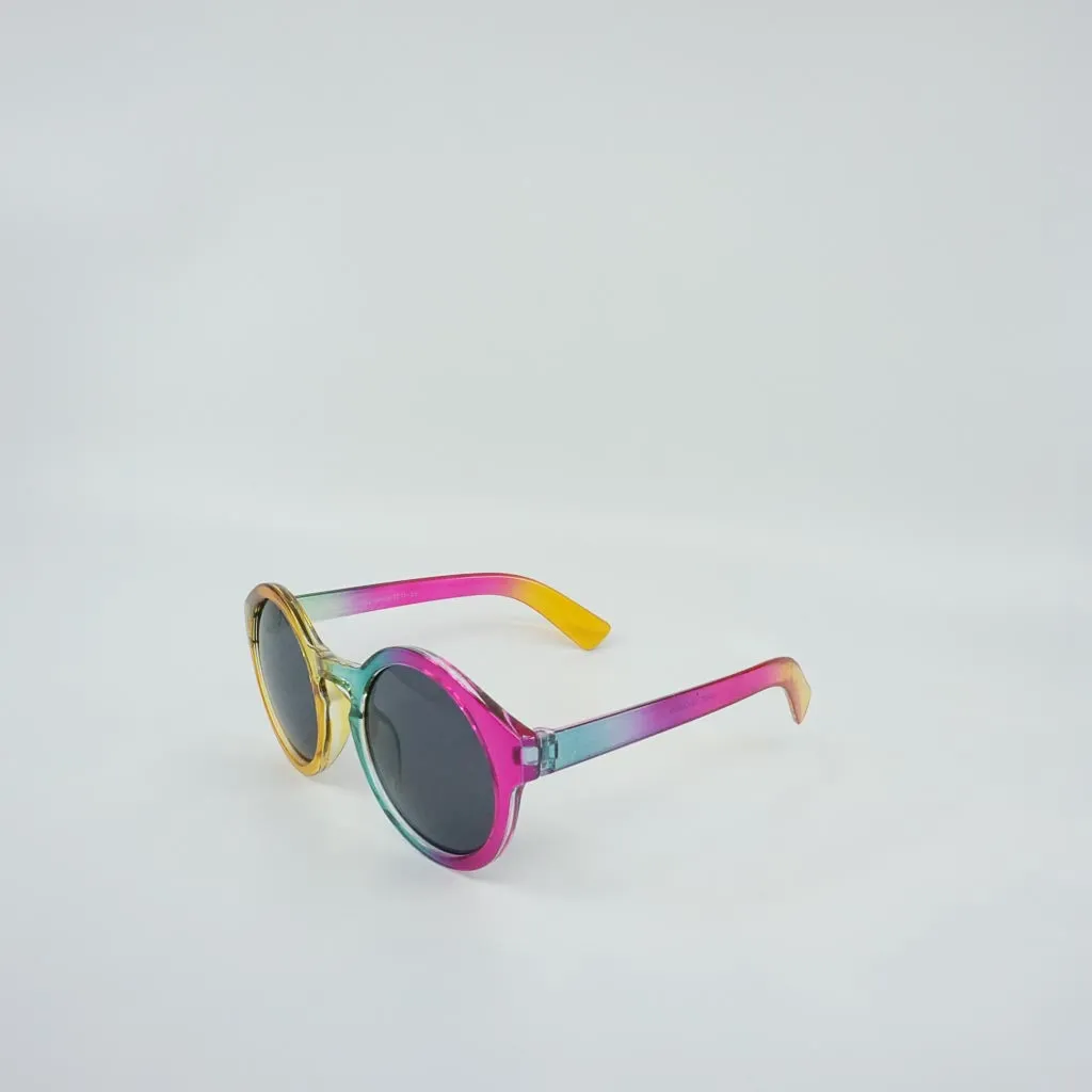Silver Stripped Rainbow Mul ti Color Case with an Multi Color Round Rainbow Retro Sunglass - Sunglasses and Case Set