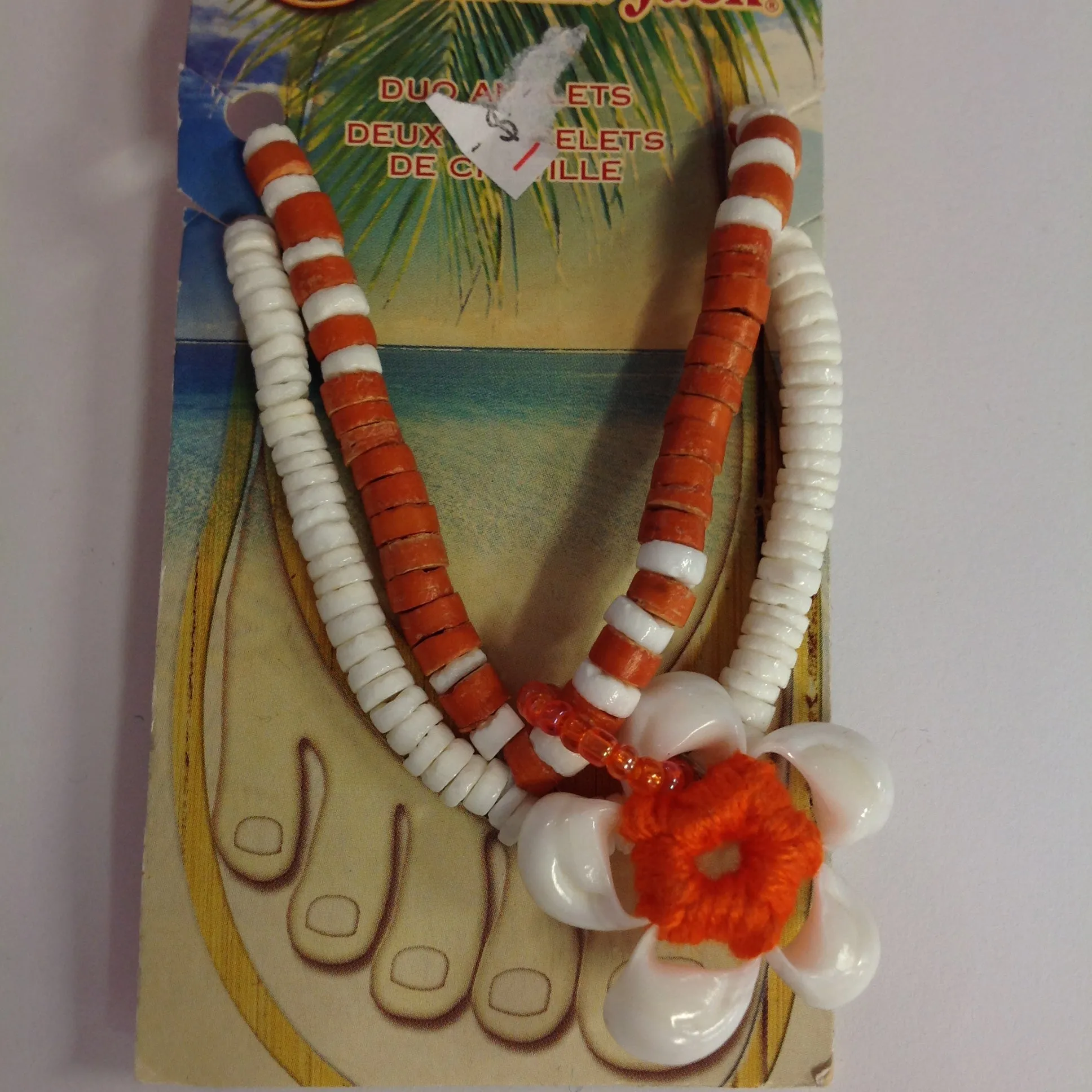 Vintage Authentic Panama Jack Duo Ankle Bracelet in Orange Red &  Pink Beads with Shell