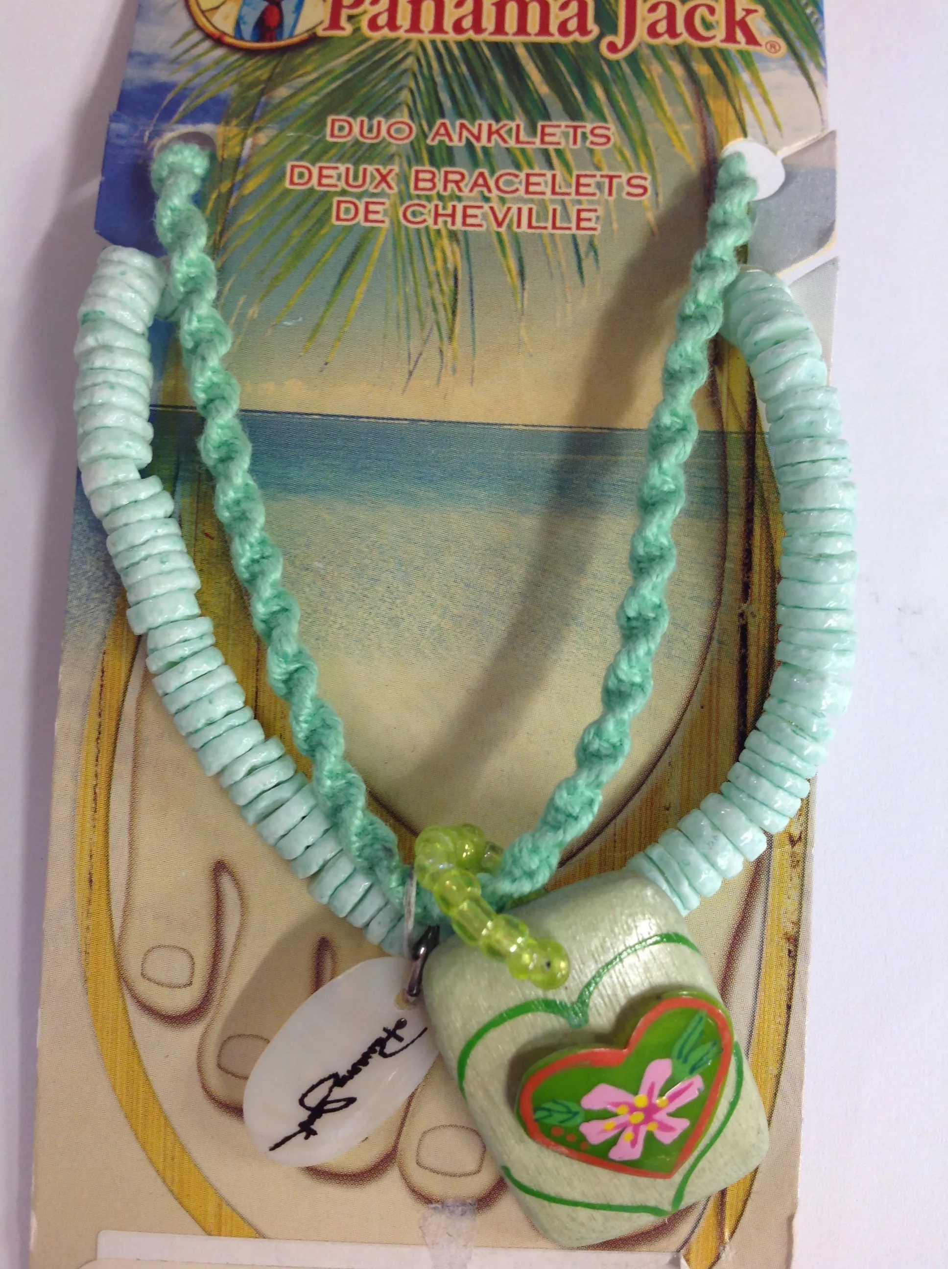 Vintage Authentic Panama Jack Duo Ankle Bracelet with Green White Bead and Rope with Tropical Flower Heart Pendant on Stone